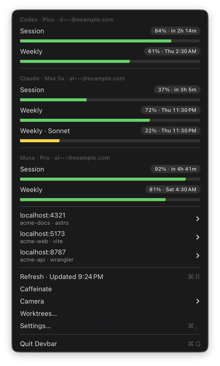 The Devbar menu with Codex, Claude, and Muse quota bars, three dev servers, and the Caffeinate, Camera, Worktrees, and Settings items