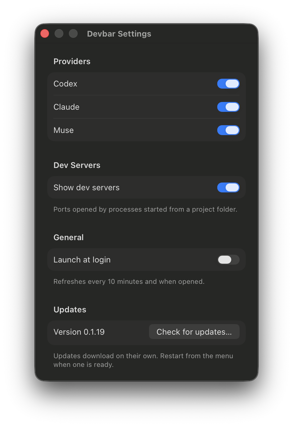Devbar Settings with Providers, Dev Servers, General, and Updates sections