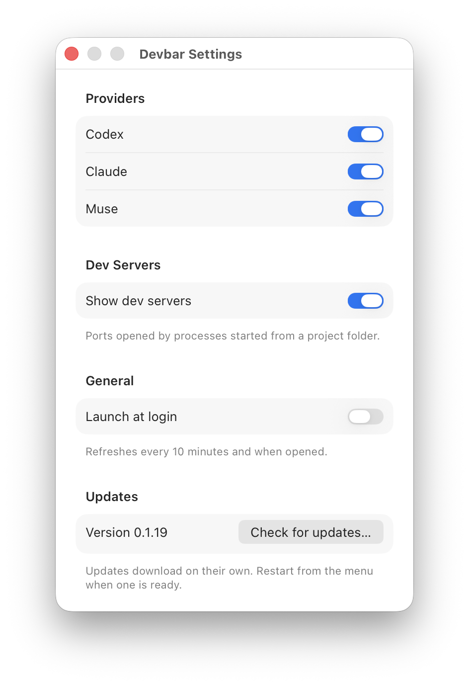 Devbar Settings with Providers, Dev Servers, General, and Updates sections