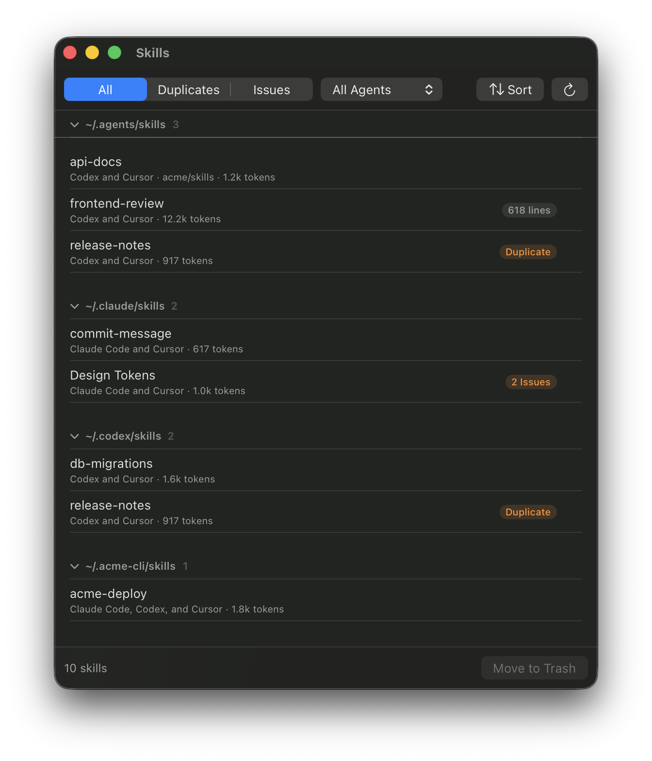 The Skills window listing skills grouped by folder, with Duplicate, lines, and Issues pills