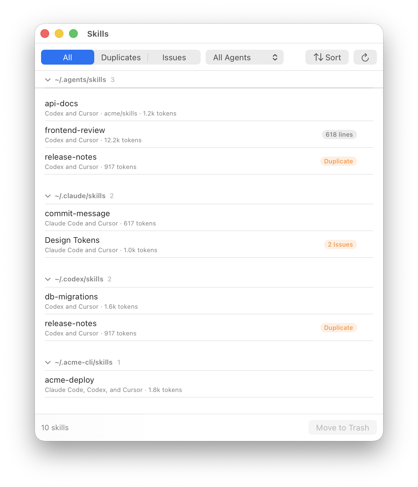The Skills window listing skills grouped by folder, with Duplicate, lines, and Issues pills