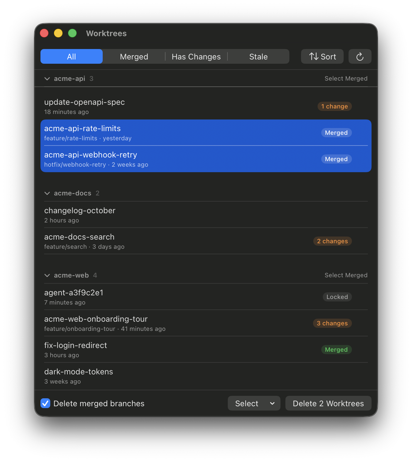 The Worktrees window listing worktrees grouped by repository, with Merged, changes, and Locked pills