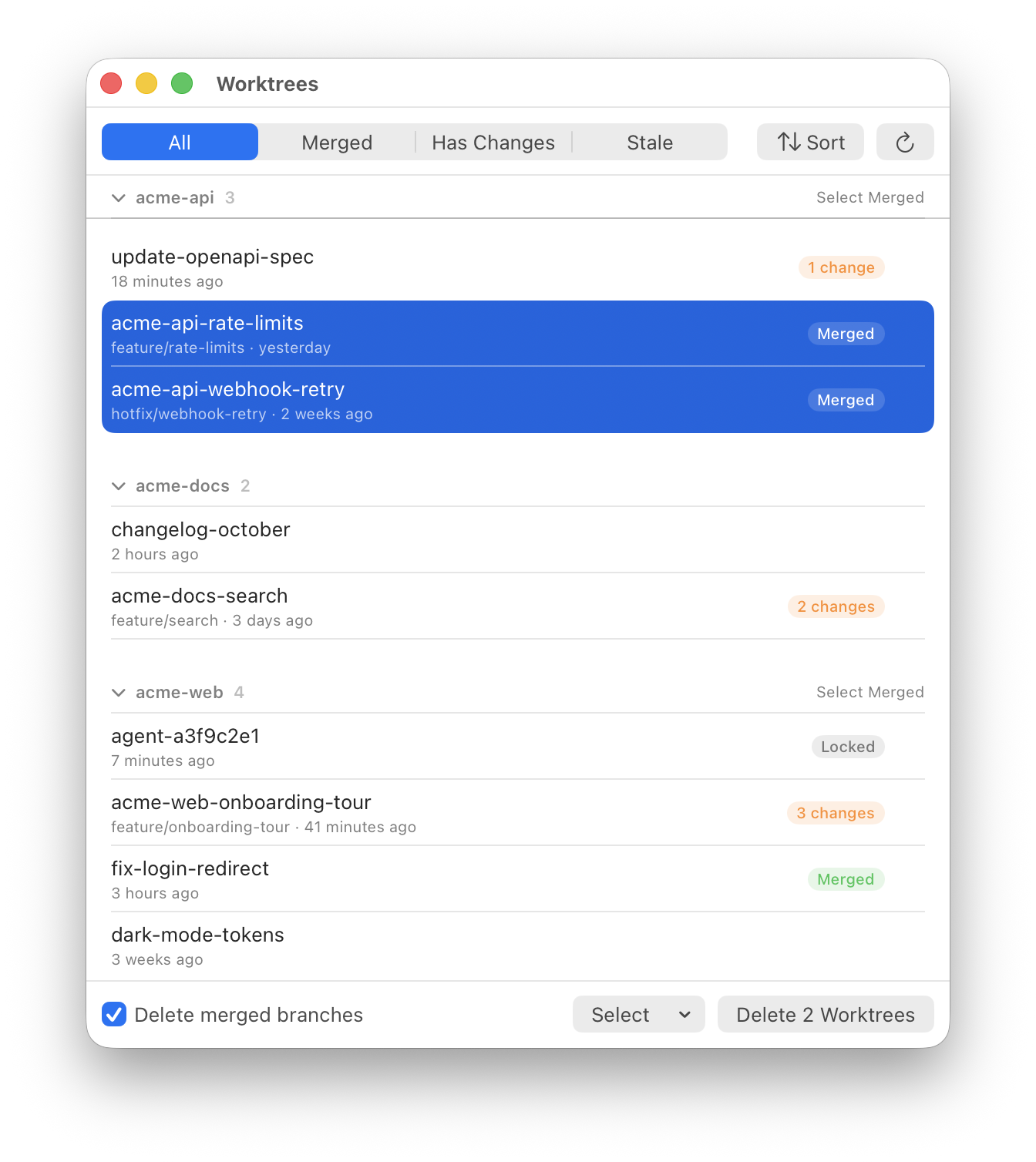 The Worktrees window listing worktrees grouped by repository, with Merged, changes, and Locked pills